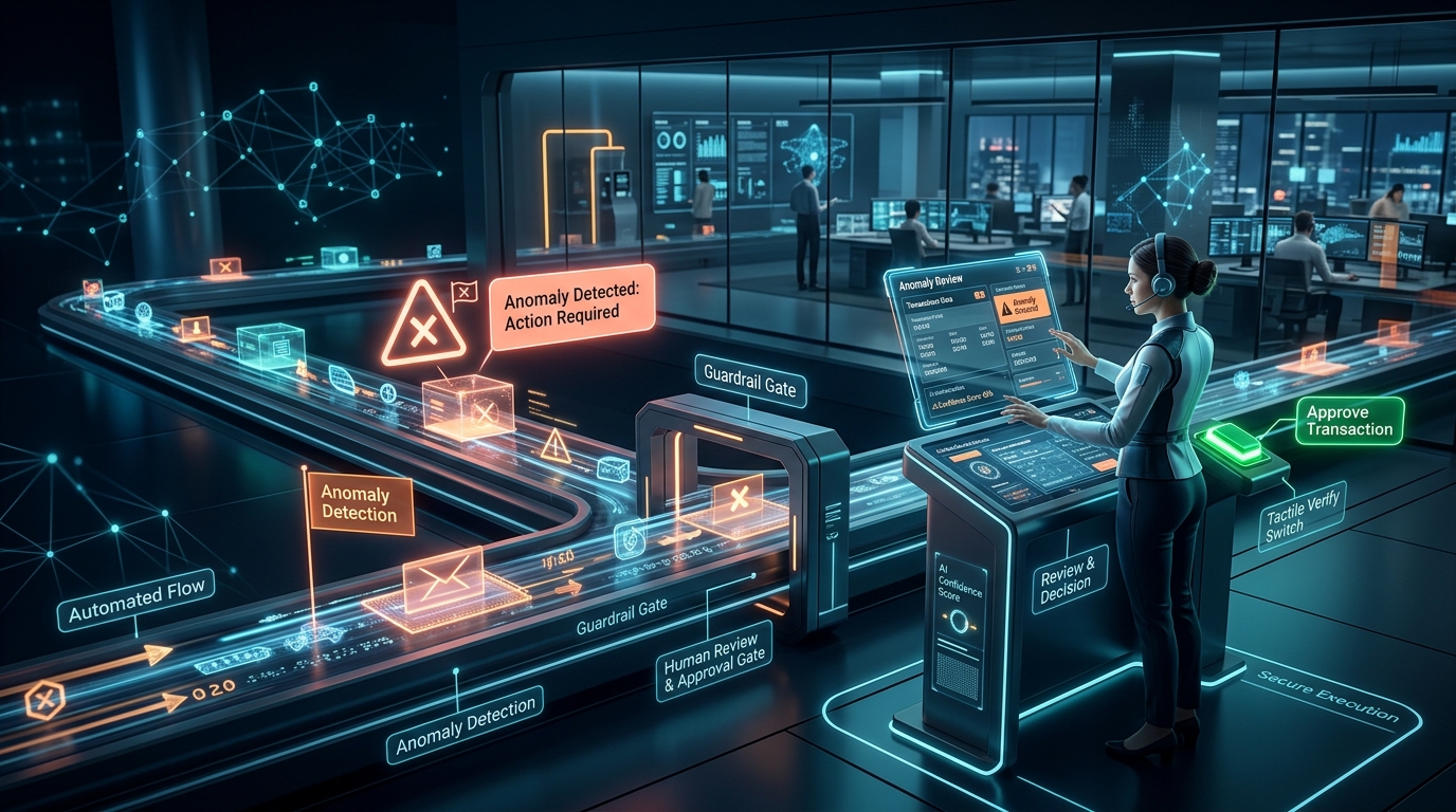 Hình ảnh phòng điều hành công nghệ với trạm kiểm soát Human-in-the-Loop: chuyên viên phê duyệt giao dịch tại cổng an toàn khi hệ thống AI phát hiện cảnh báo bất thường